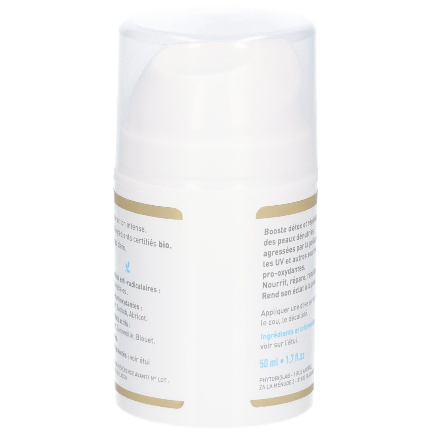 Vue latérale d'un pot blanc avec distributeur à pompe, avec indications textuelles en français.