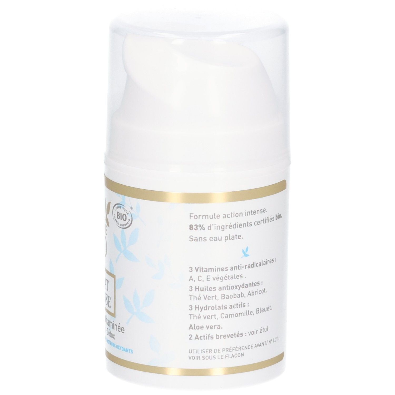Vue latérale d'un pot blanc avec distributeur à pompe, avec texte en français et sceau BIO.