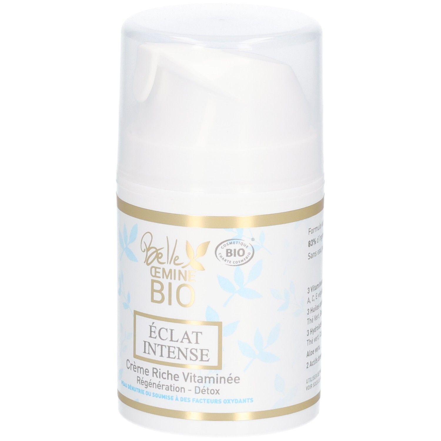 Pot blanc avec distributeur à pompe, inscription dorée, motif de feuilles bleues et sceau BIO.