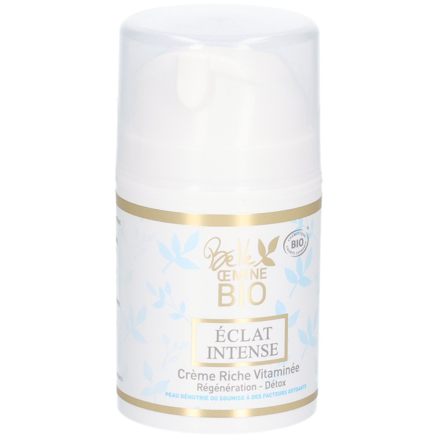 Pot blanc avec distributeur à pompe, inscription dorée, motif de feuilles bleues et sceau BIO.