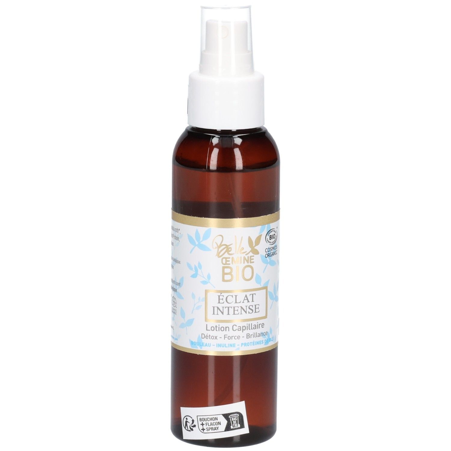 Flacon spray brun avec bouchon blanc et étiquette.