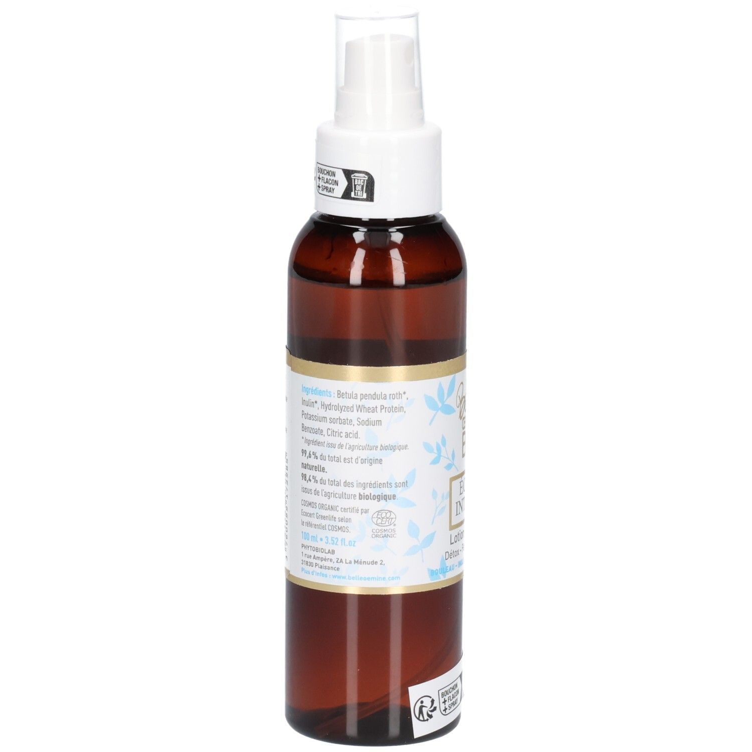 Arrière d'un flacon spray brun avec étiquette et liste des ingrédients.