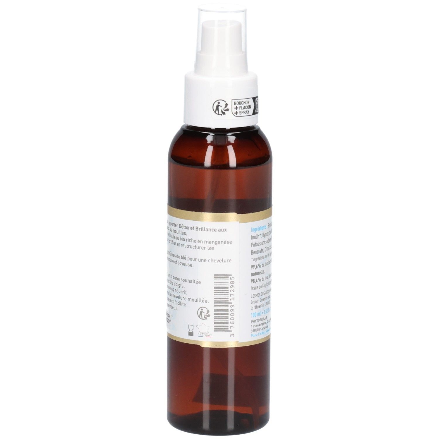 Arrière d'un flacon spray brun avec étiquette et instructions d'utilisation.