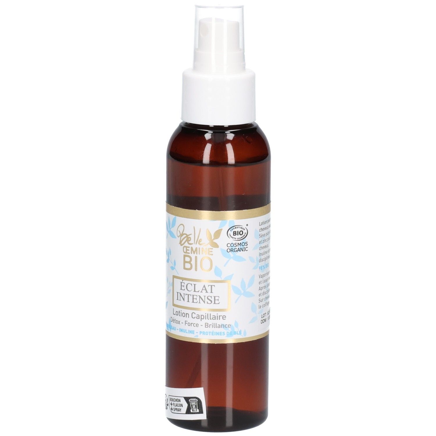 Flacon spray brun avec bouchon blanc et étiquette BIO.