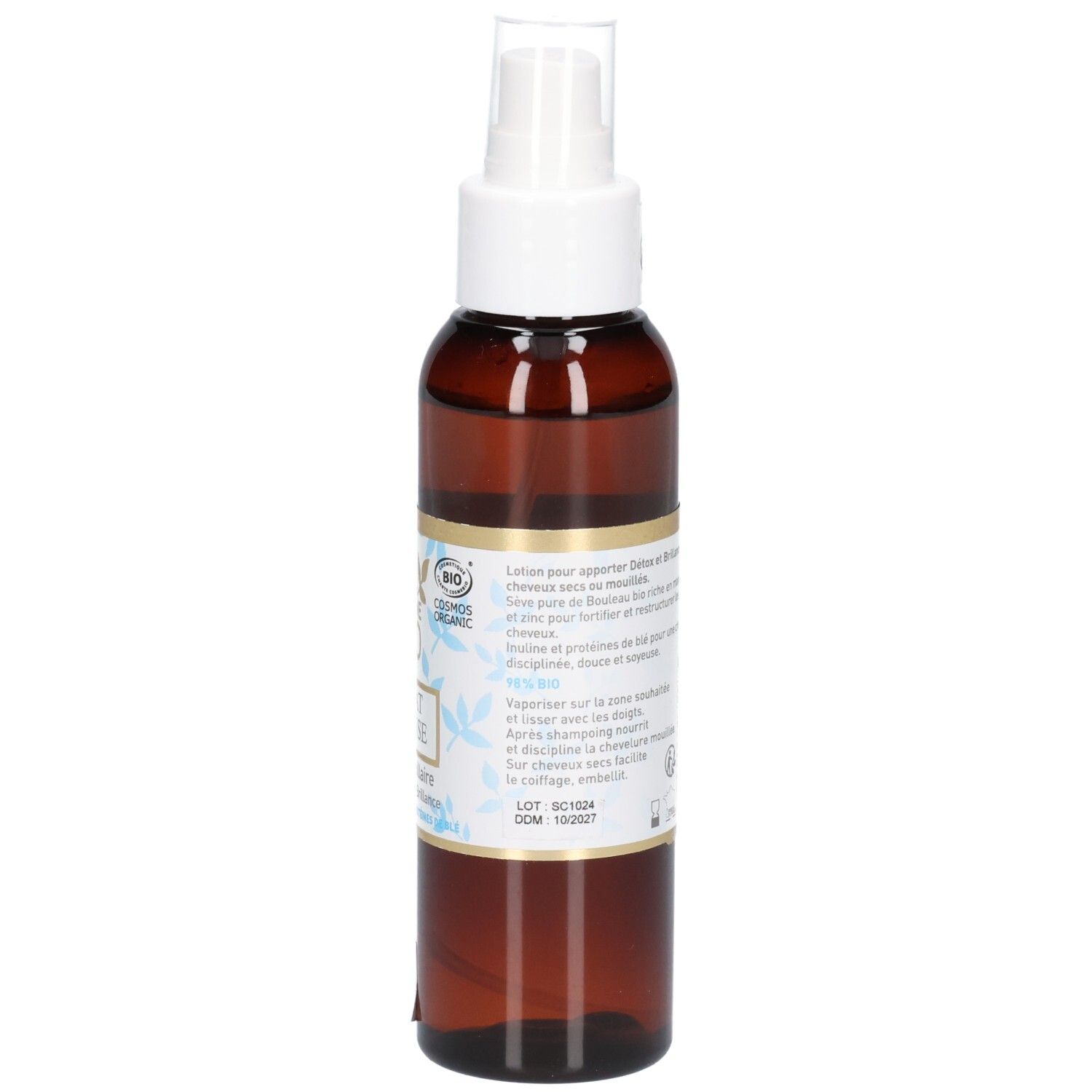 Arrière d'un flacon spray brun avec étiquette, instructions et sceau BIO.