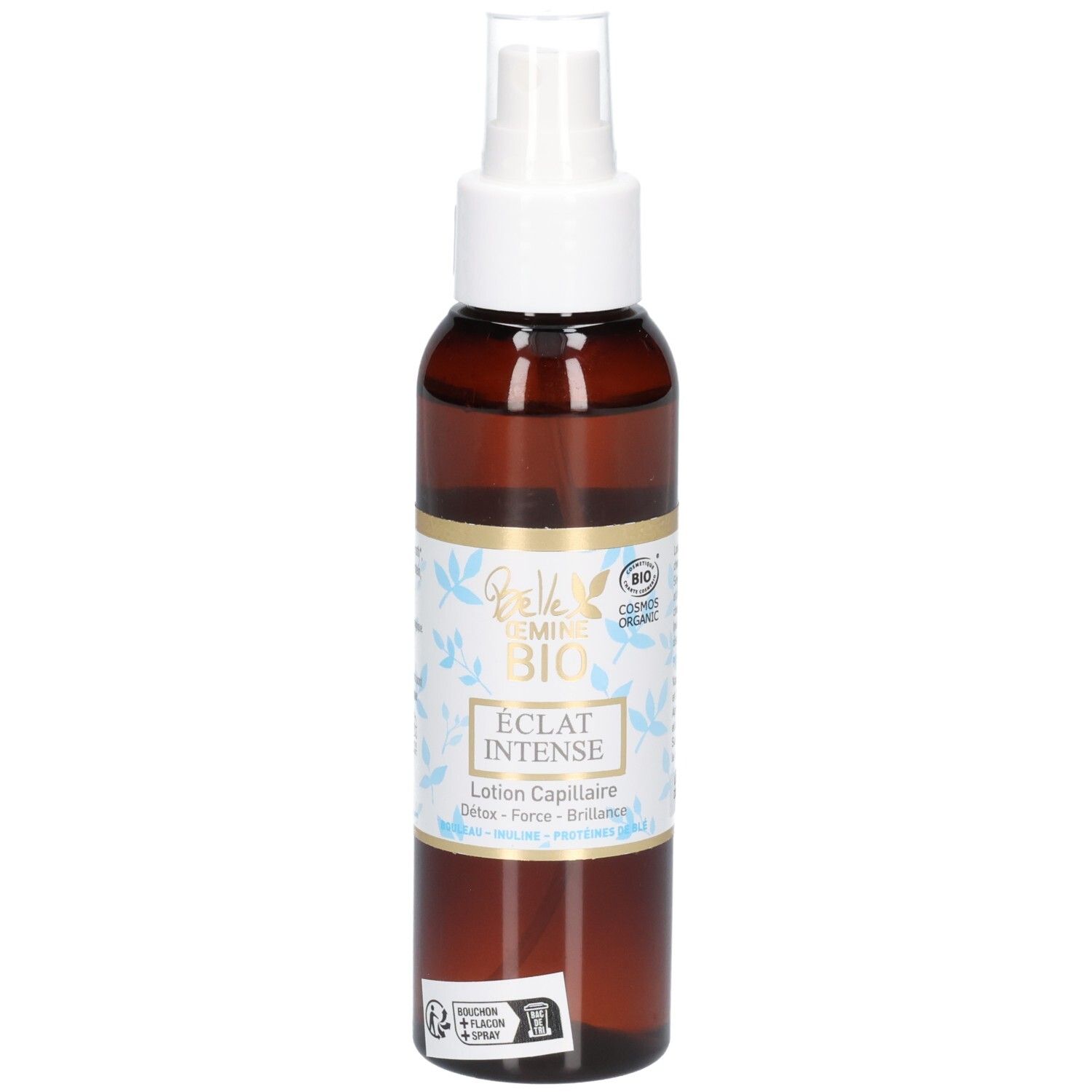 Flacon spray brun avec bouchon blanc, étiquette BIO et texte.