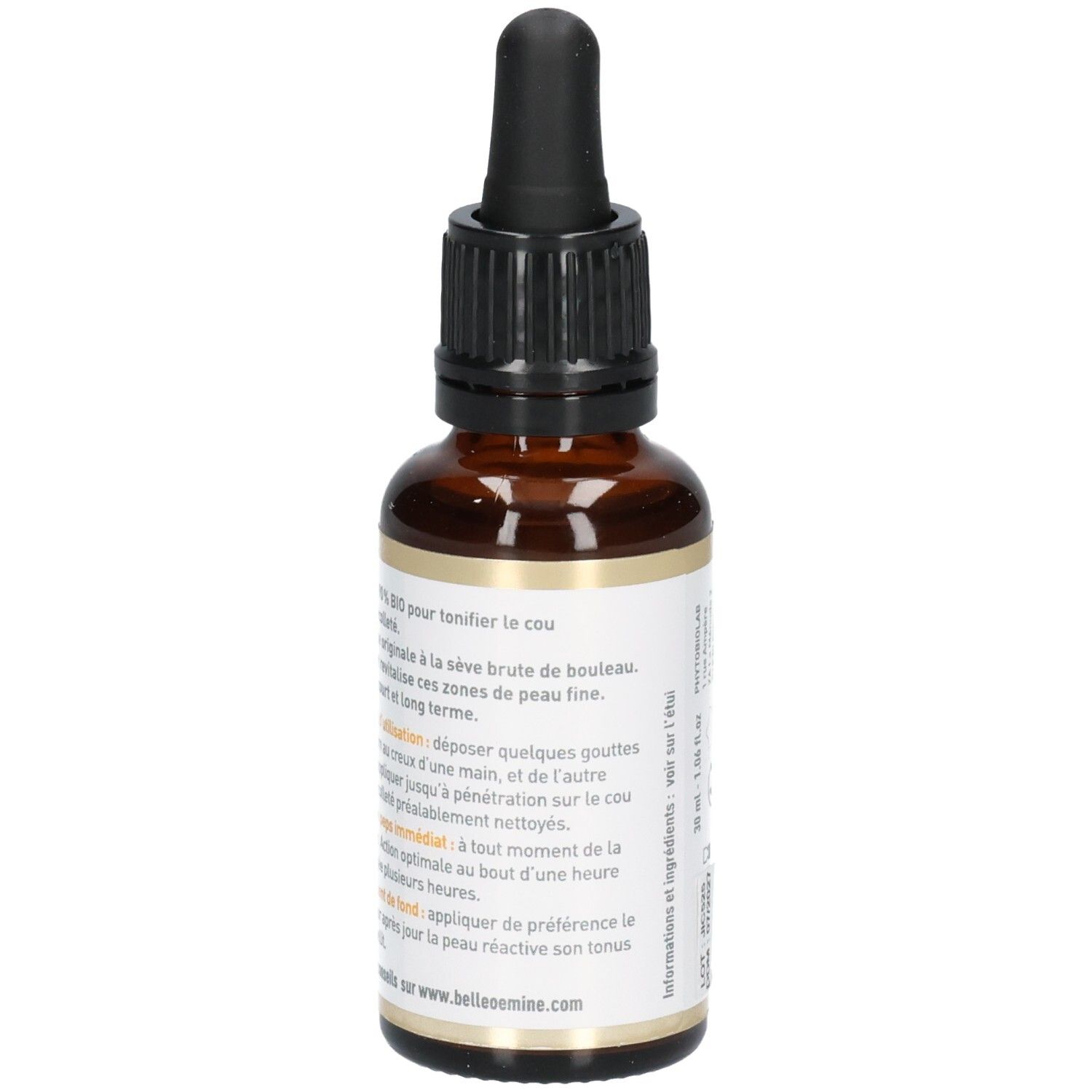 Côté d'un flacon de sérum avec étiquette indiquant les instructions d'utilisation et la certification bio.
