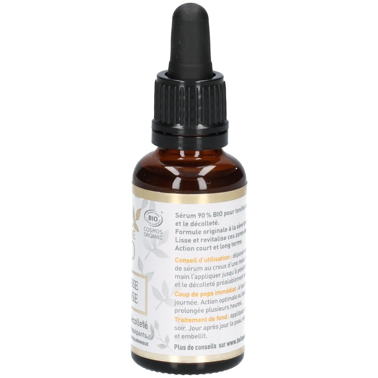 Avant d'un flacon de sérum avec étiquette montrant le nom du produit et le sceau bio.