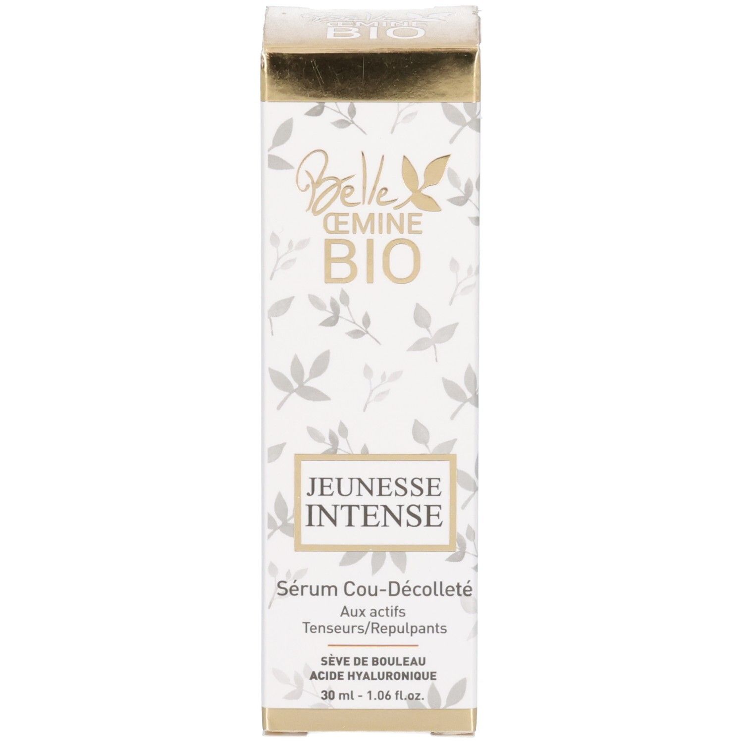 Boîte d'emballage pour un sérum avec étiquette montrant les informations produit et le sceau bio.