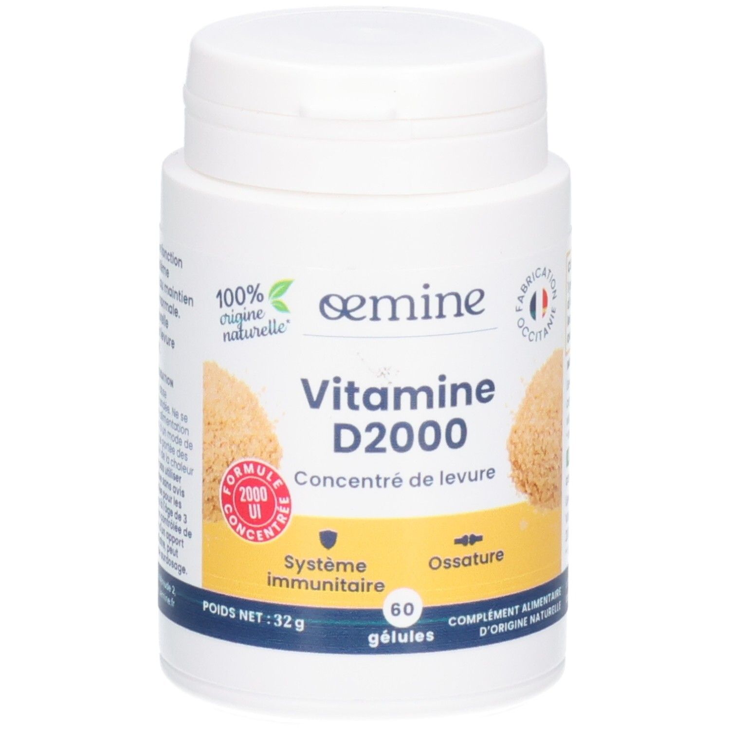 Pot blanc de 60 gélules Vitamine D2000, 32g.