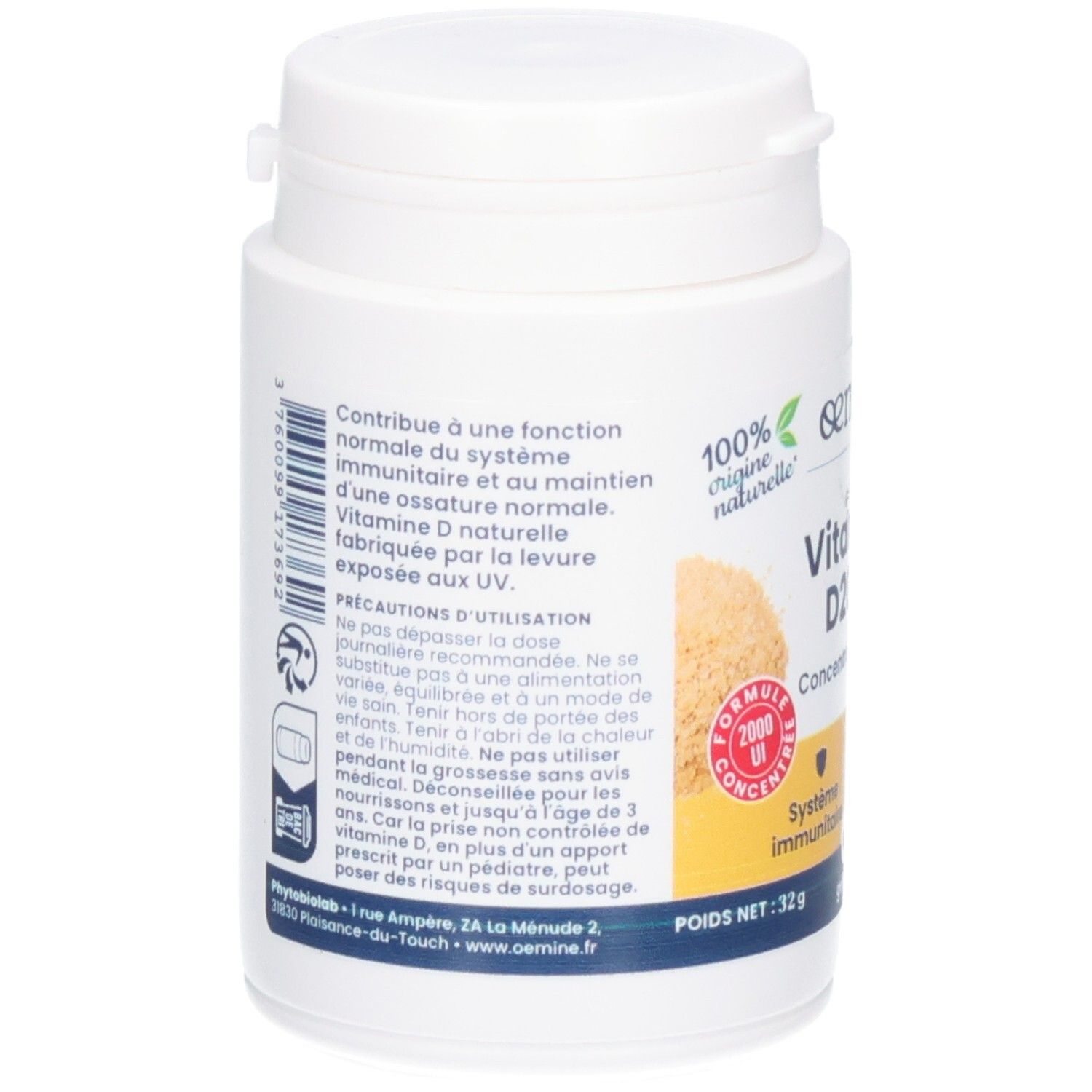 Arrière d'un pot de 60 gélules Vitamine D2000, 32g.