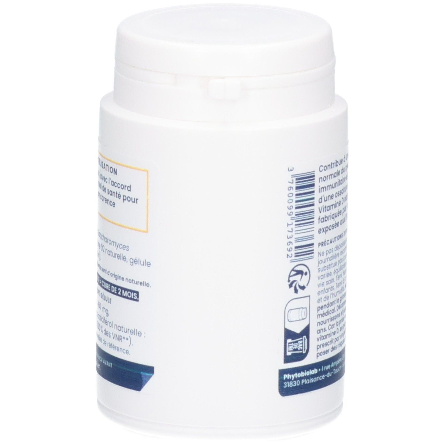 Côté d'un pot de 60 gélules Vitamine D2000, 32g.