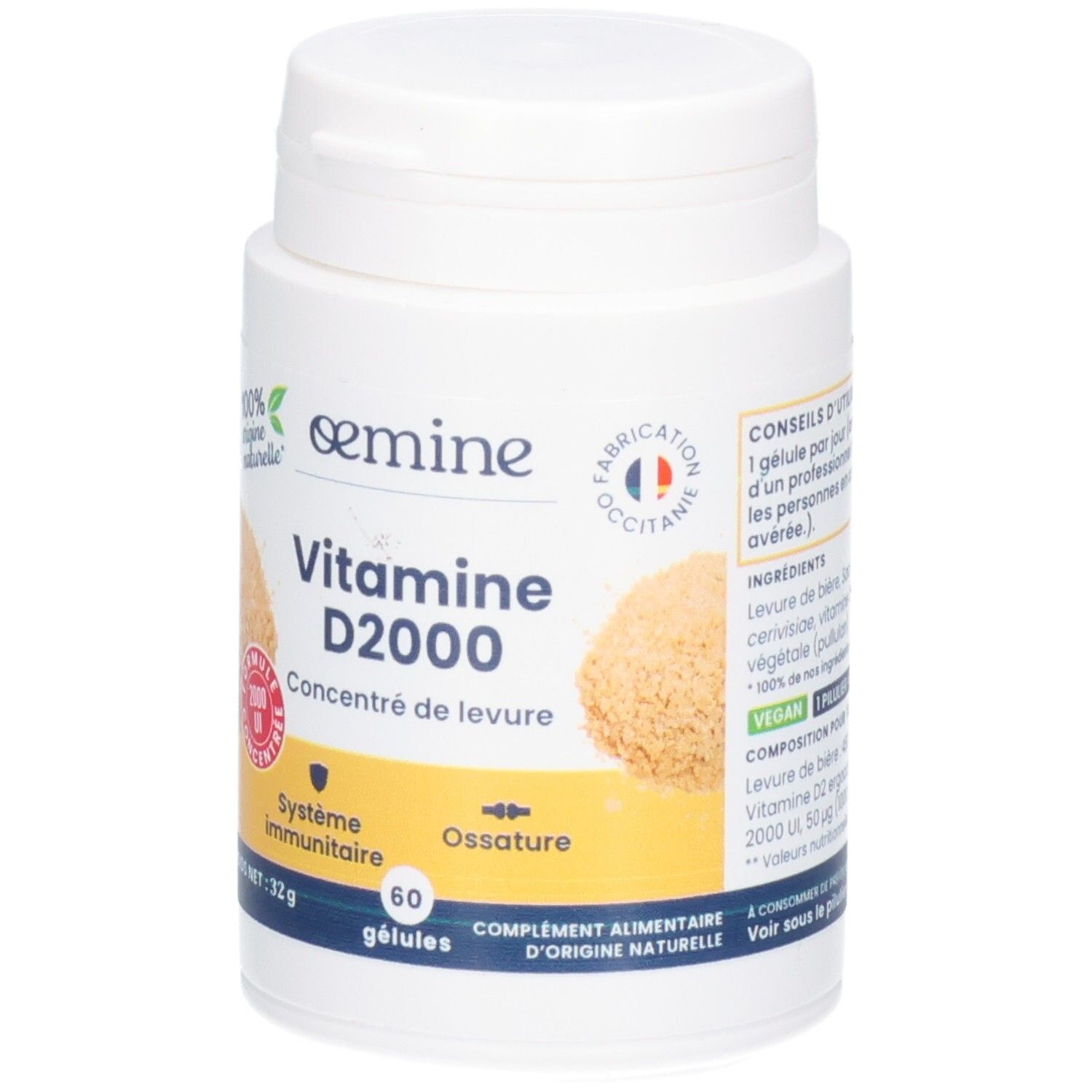Pot blanc de 60 gélules Vitamine D2000, 32g.