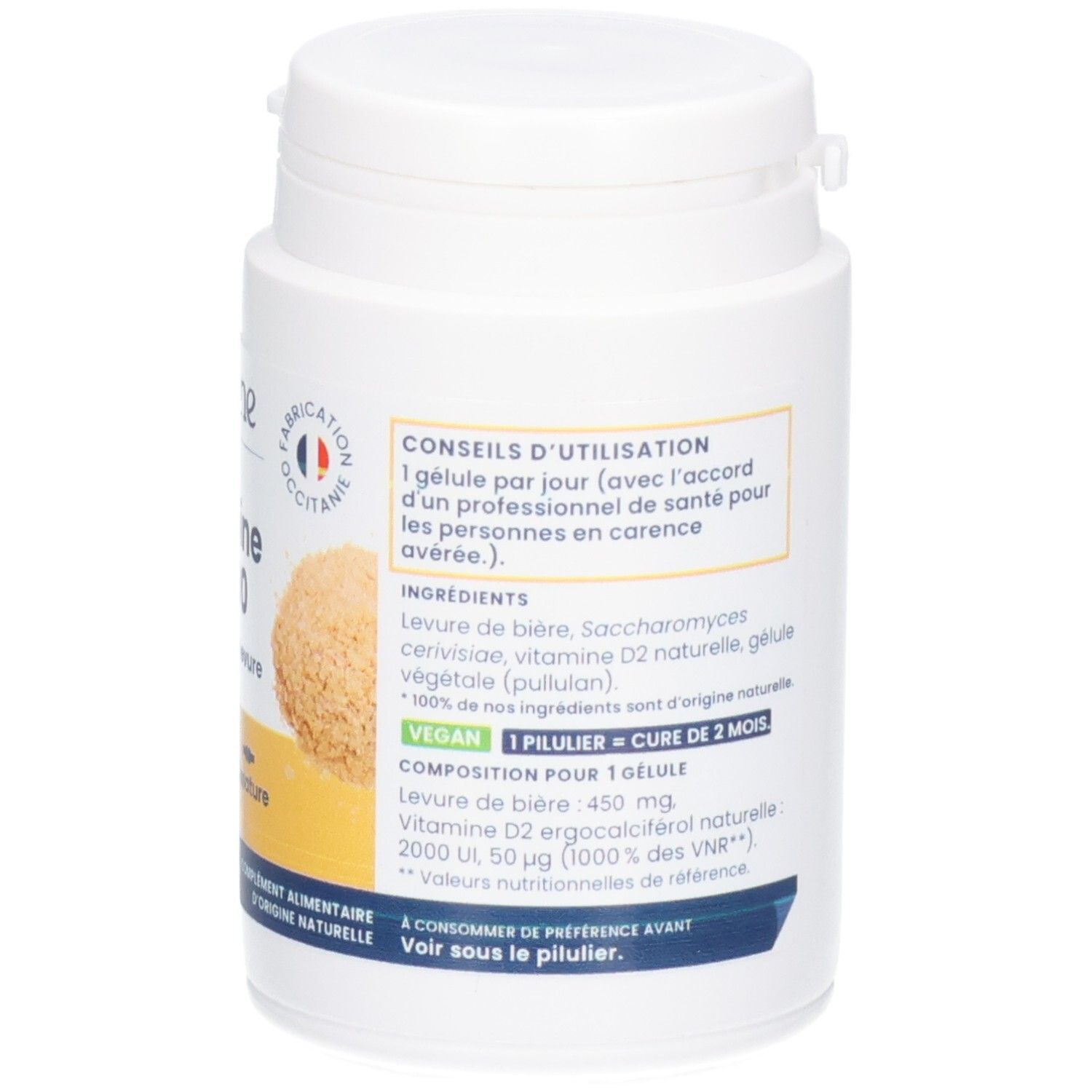 Arrière d'un pot de 60 gélules Vitamine D2000, 32g.