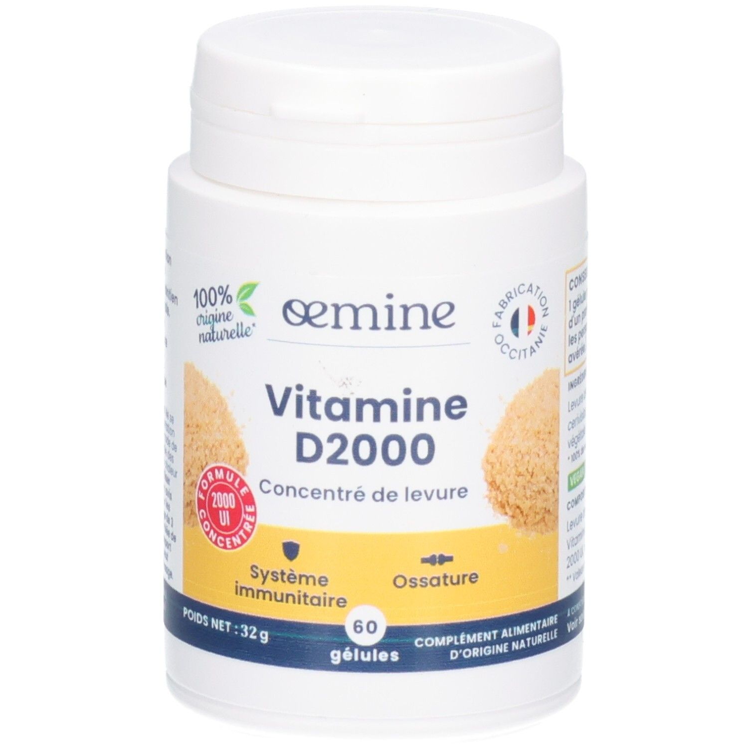 Pot blanc de 60 gélules Vitamine D2000, 32g.