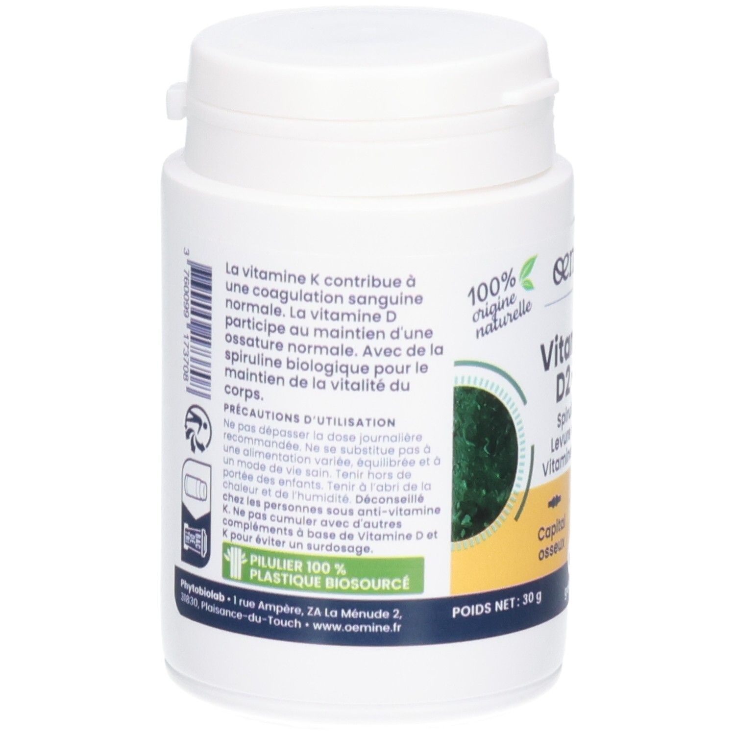 Arrière d'un pot de gélules Vitamines D2-K2. Contient des informations sur les ingrédients et l'utilisation.