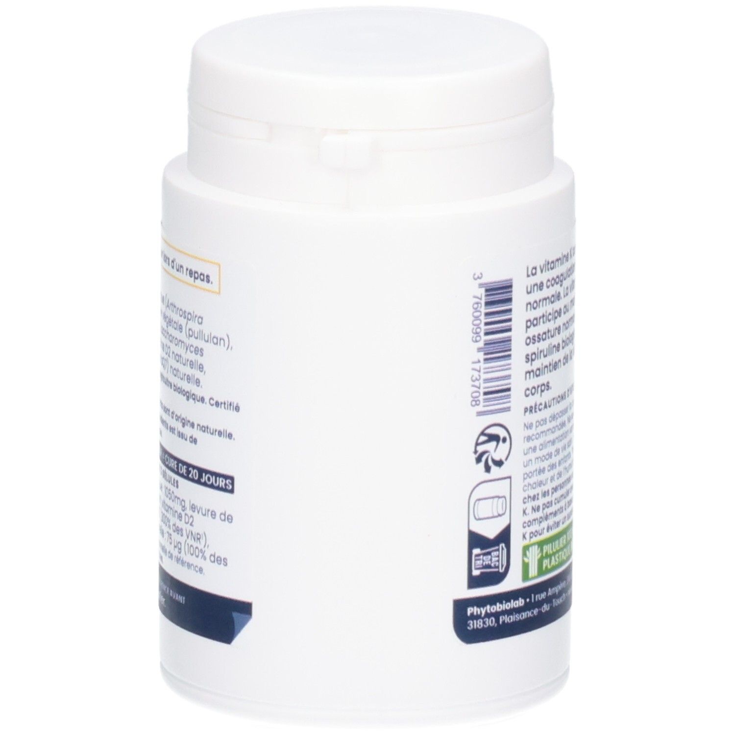 Vue latérale d'un pot de gélules Vitamines D2-K2. Emballage plastique blanc avec bouchon à vis.