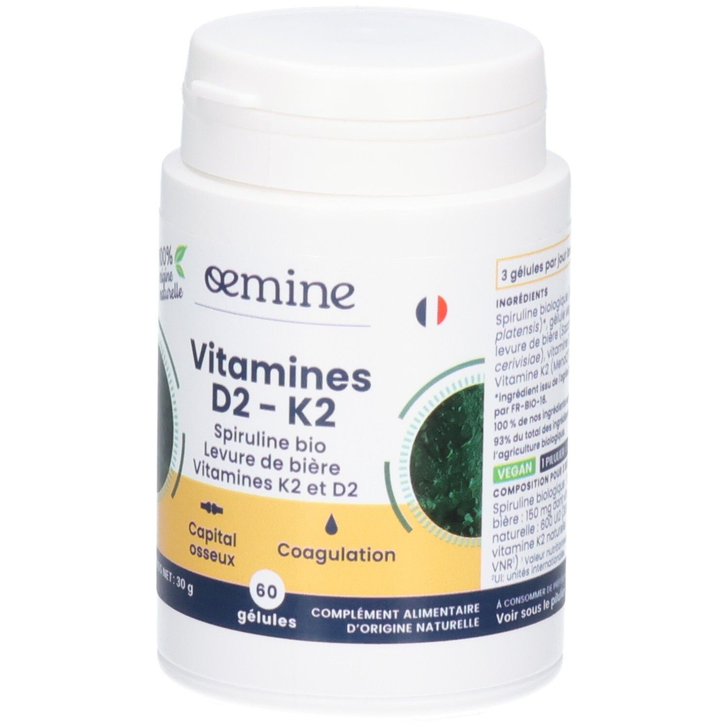Avant d'un pot de gélules Vitamines D2-K2. Étiquette avec 'Vitamines D2-K2', 'Spiruline bio', '60 gélules'.