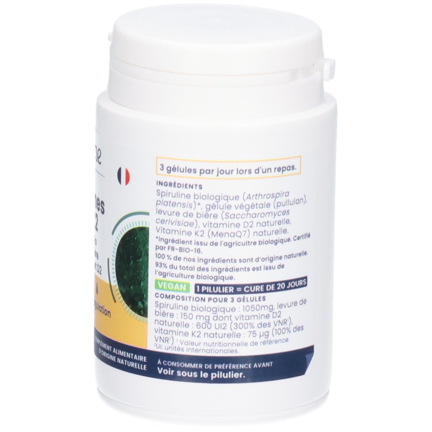 Arrière d'un pot de gélules Vitamines D2-K2. Contient des détails sur les ingrédients et un label vegan.