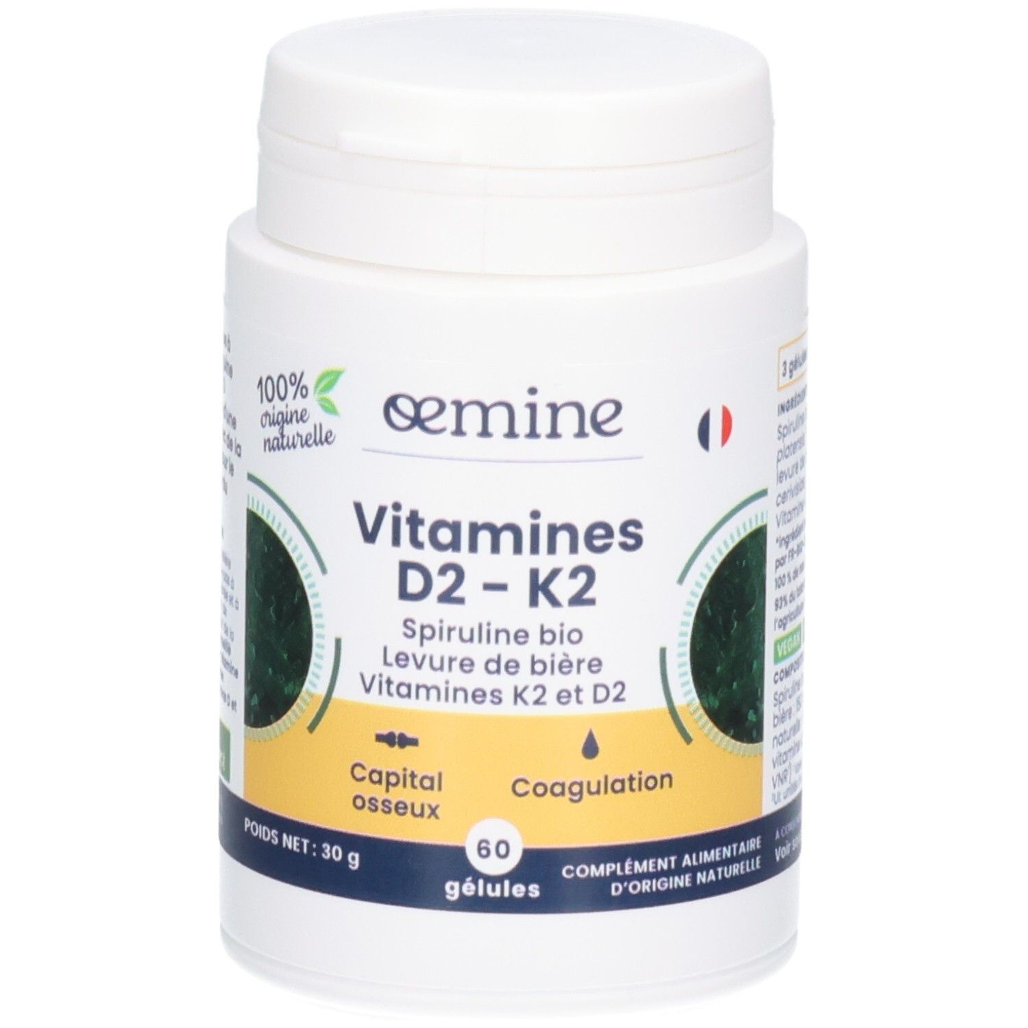 Vue de face d'un pot de gélules Vitamines D2-K2. Montre 'OEMINE', 'Vitamines D2-K2', '60 gélules'.