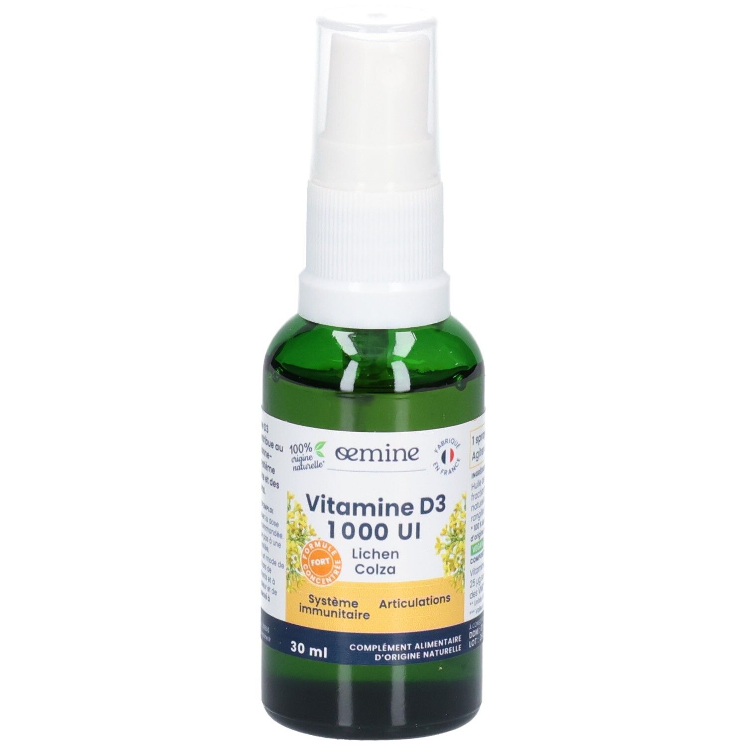 Flacon spray vert Vitamine D3 1000 UI, 30 ml. Étiquette avec fleurs jaunes et texte.