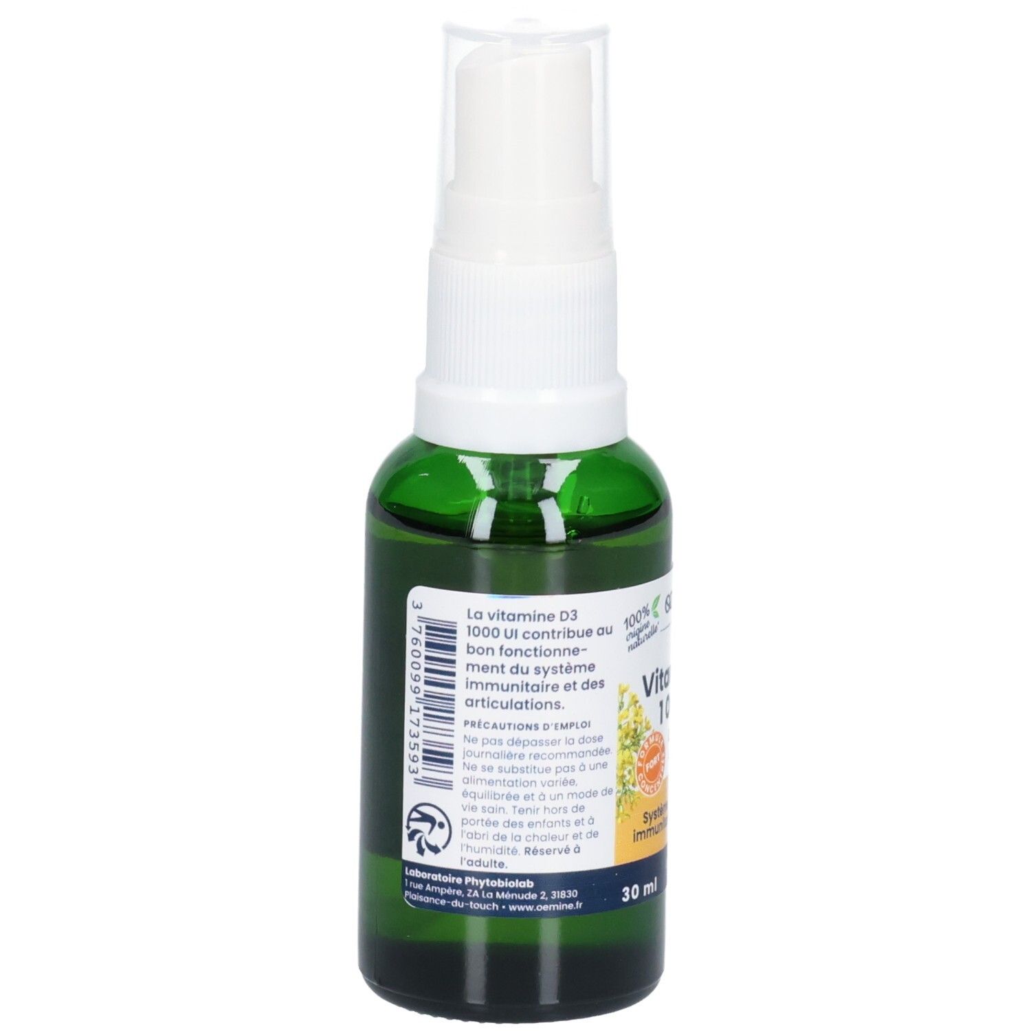Arrière d'un flacon spray vert Vitamine D3 1000 UI. Contient informations et code-barres.