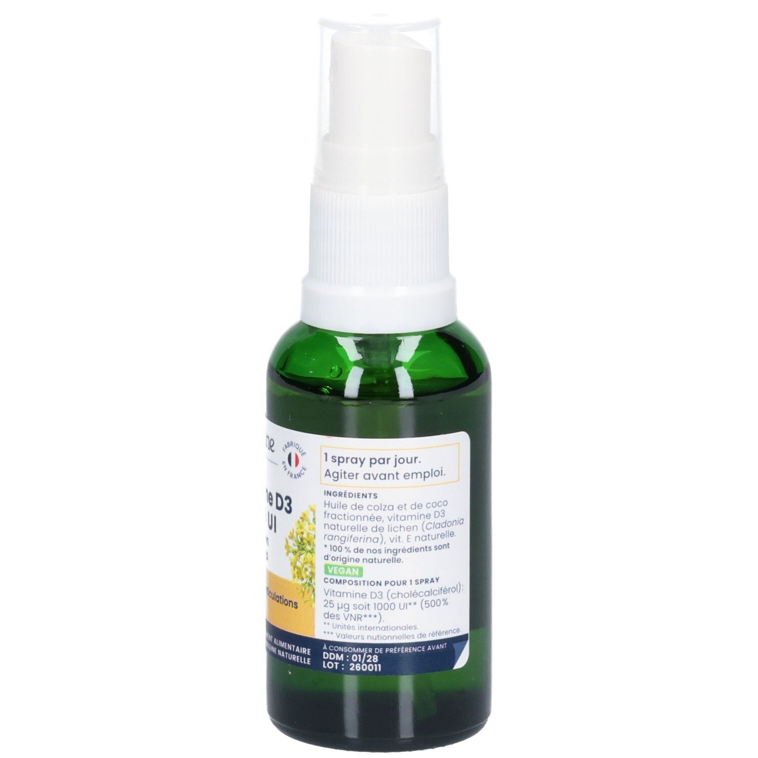 Flacon spray vert Vitamine D3 1000 UI. Étiquette avec ingrédients et instructions.