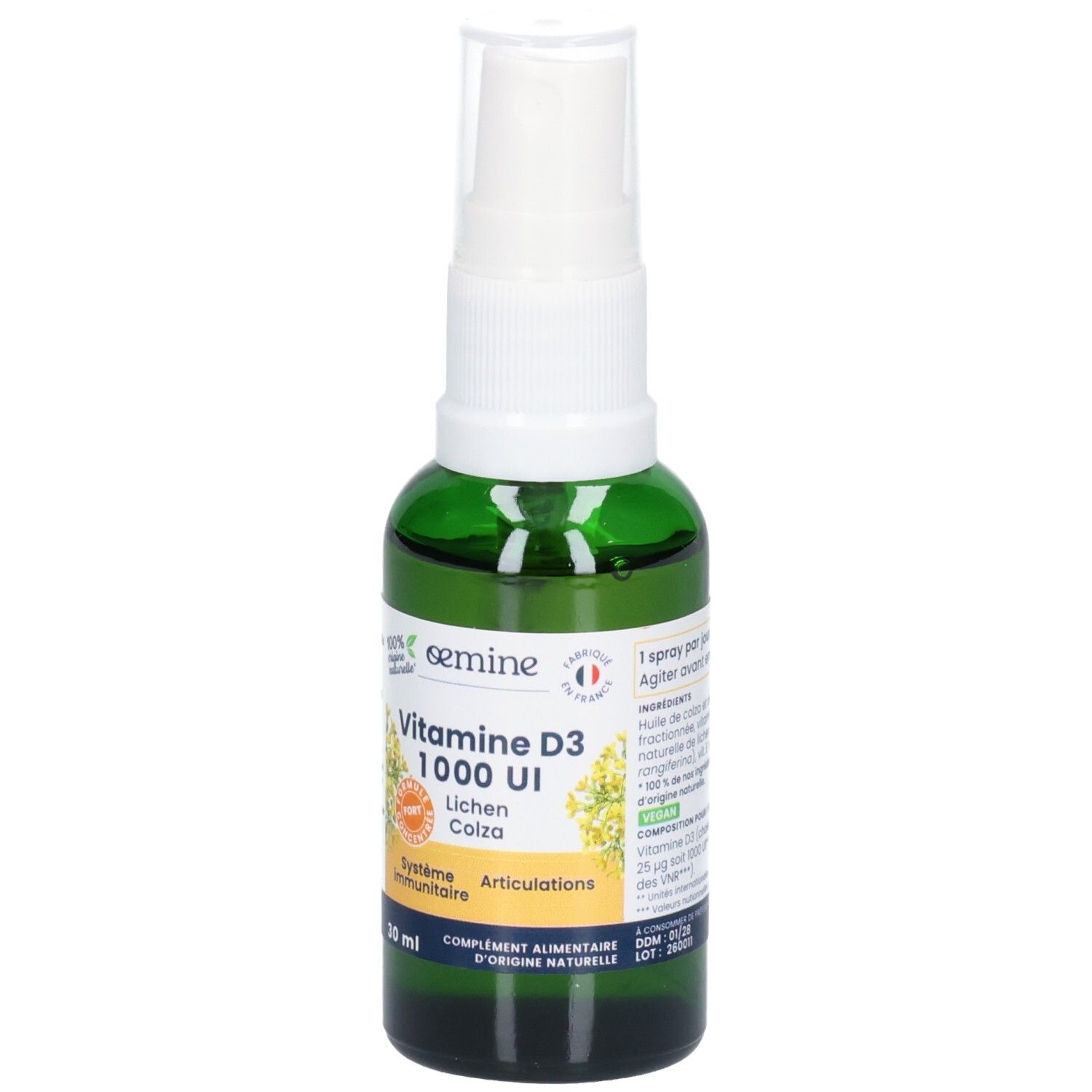 Flacon spray vert Vitamine D3 1000 UI. Étiquette avec fleurs jaunes, texte et logo.