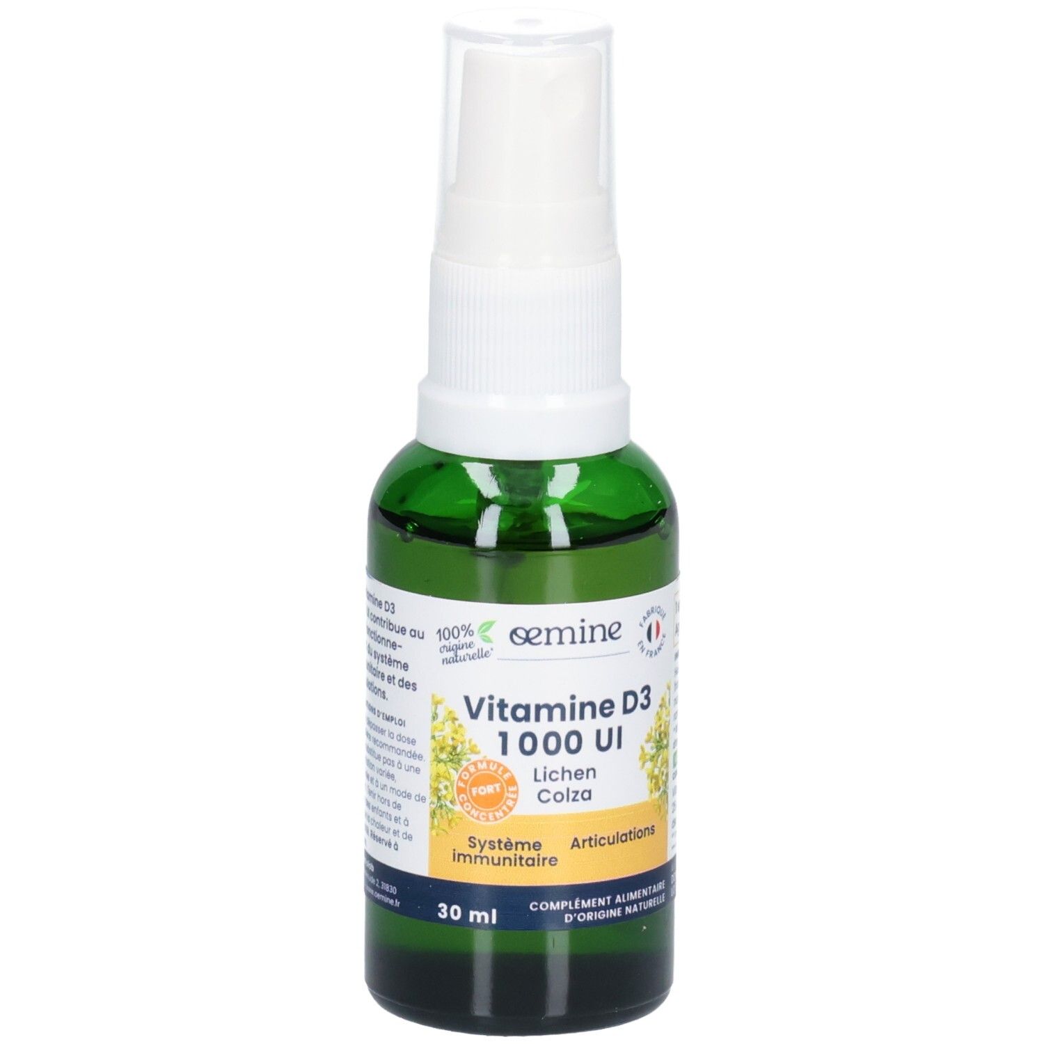 Flacon spray vert Vitamine D3 1000 UI. Étiquette avec fleurs jaunes, texte et sceaux.
