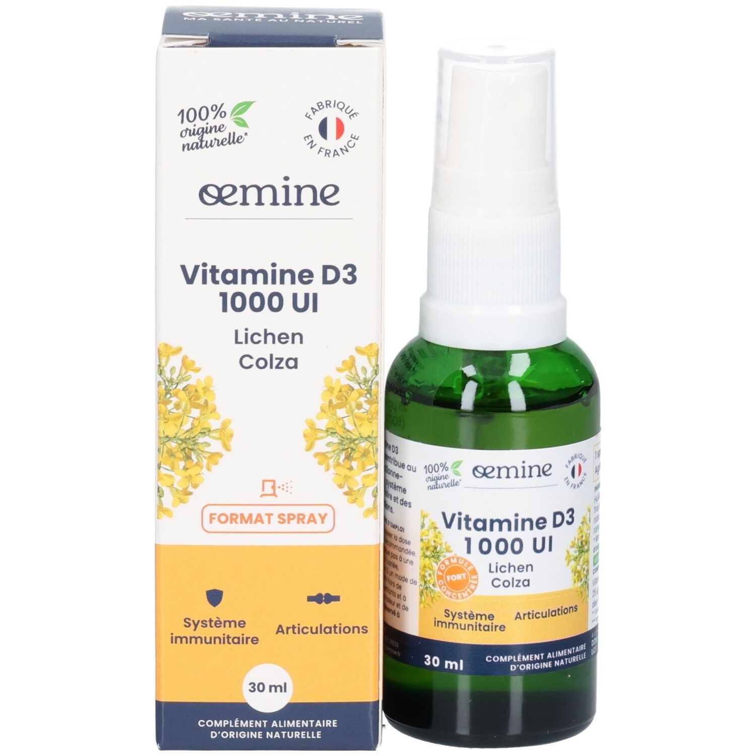 Emballage et flacon spray vert Vitamine D3 1000 UI. Étiquette avec fleurs jaunes.