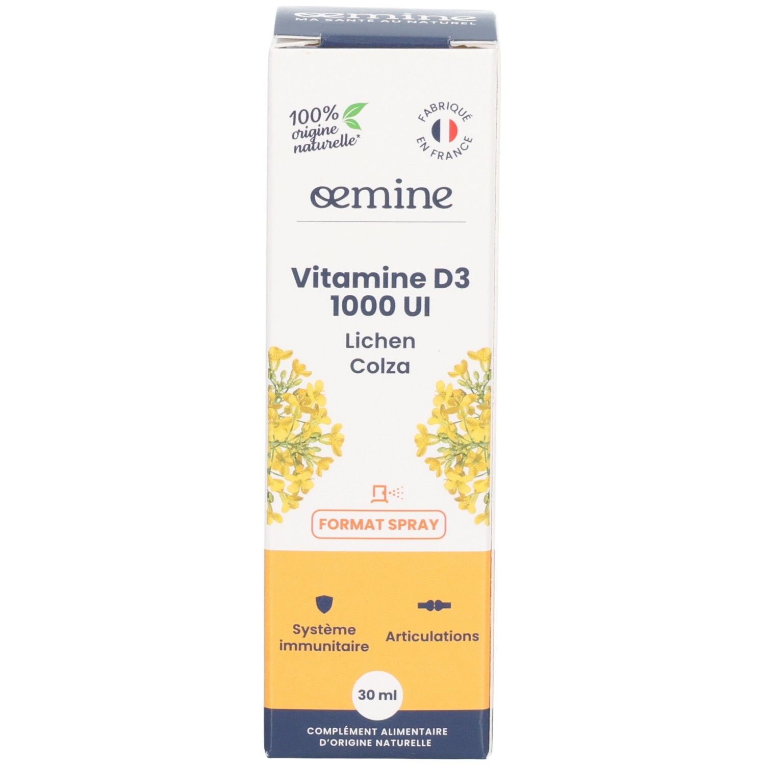 Emballage Vitamine D3 1000 UI. Montre fleurs jaunes, texte et "Format Spray".