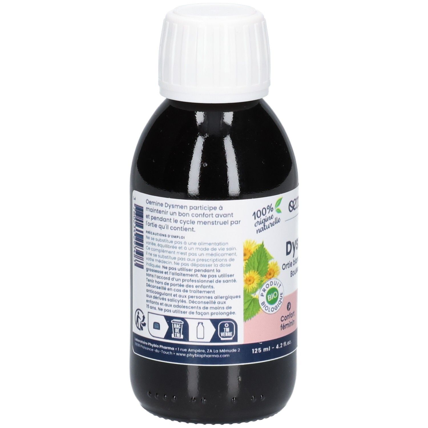 Arrière d'une bouteille noire à bouchon blanc. Étiquette avec informations détaillées et sceau bio.