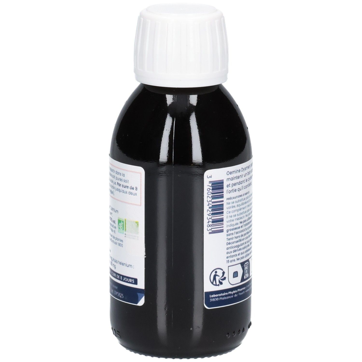Vue latérale d'une bouteille de liquide noir à bouchon blanc. Étiquette avec texte et informations produit.