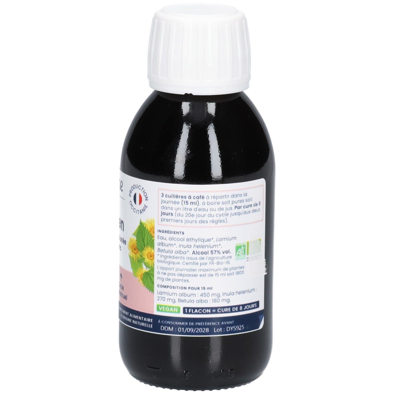 Arrière d'une bouteille noire à bouchon blanc. Étiquette avec ingrédients, sceaux et instructions.