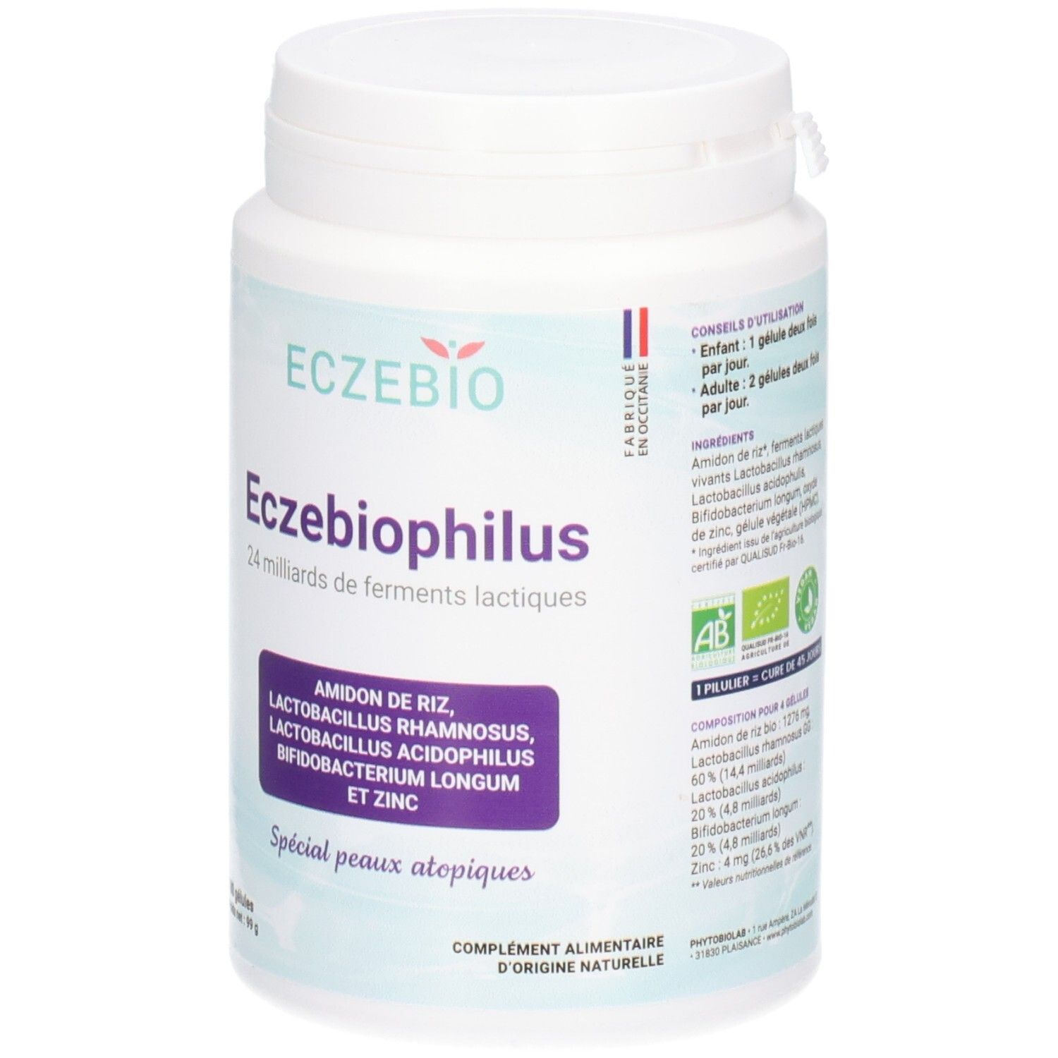 Avant du pot Eczebiophilus avec label bio et ingrédients.