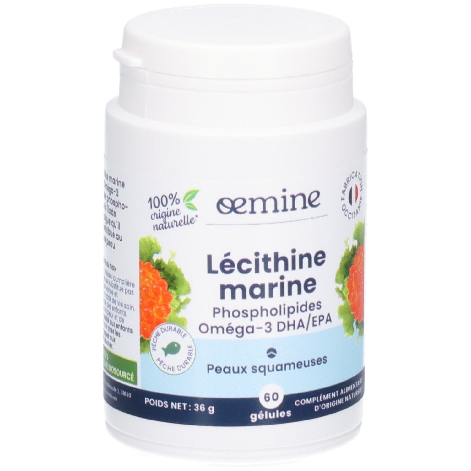 Pot blanc de gélules Oemine Lecithine Marine, 60 gélules.
