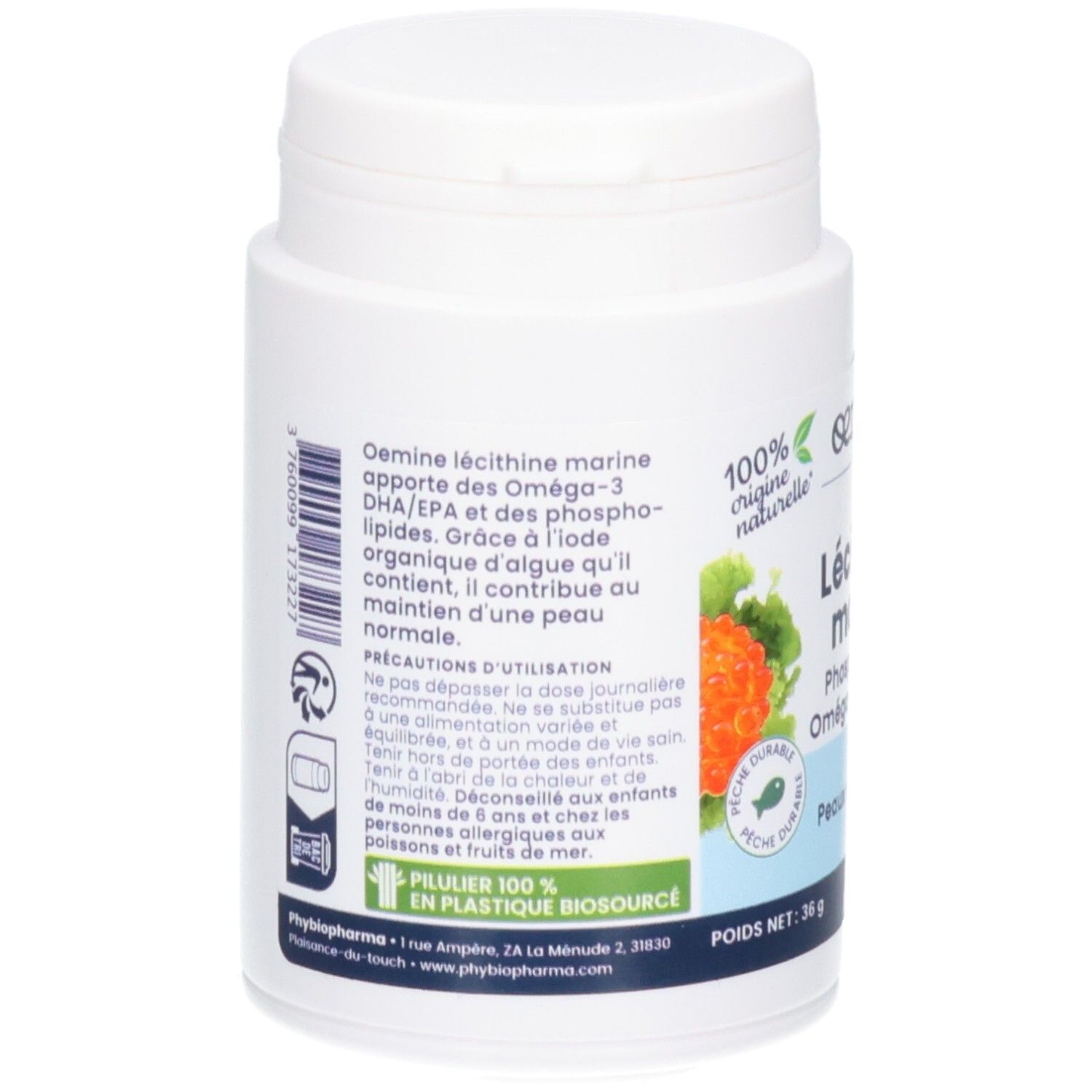 Arrière d'un pot de gélules Oemine Lecithine Marine, avec informations produit.