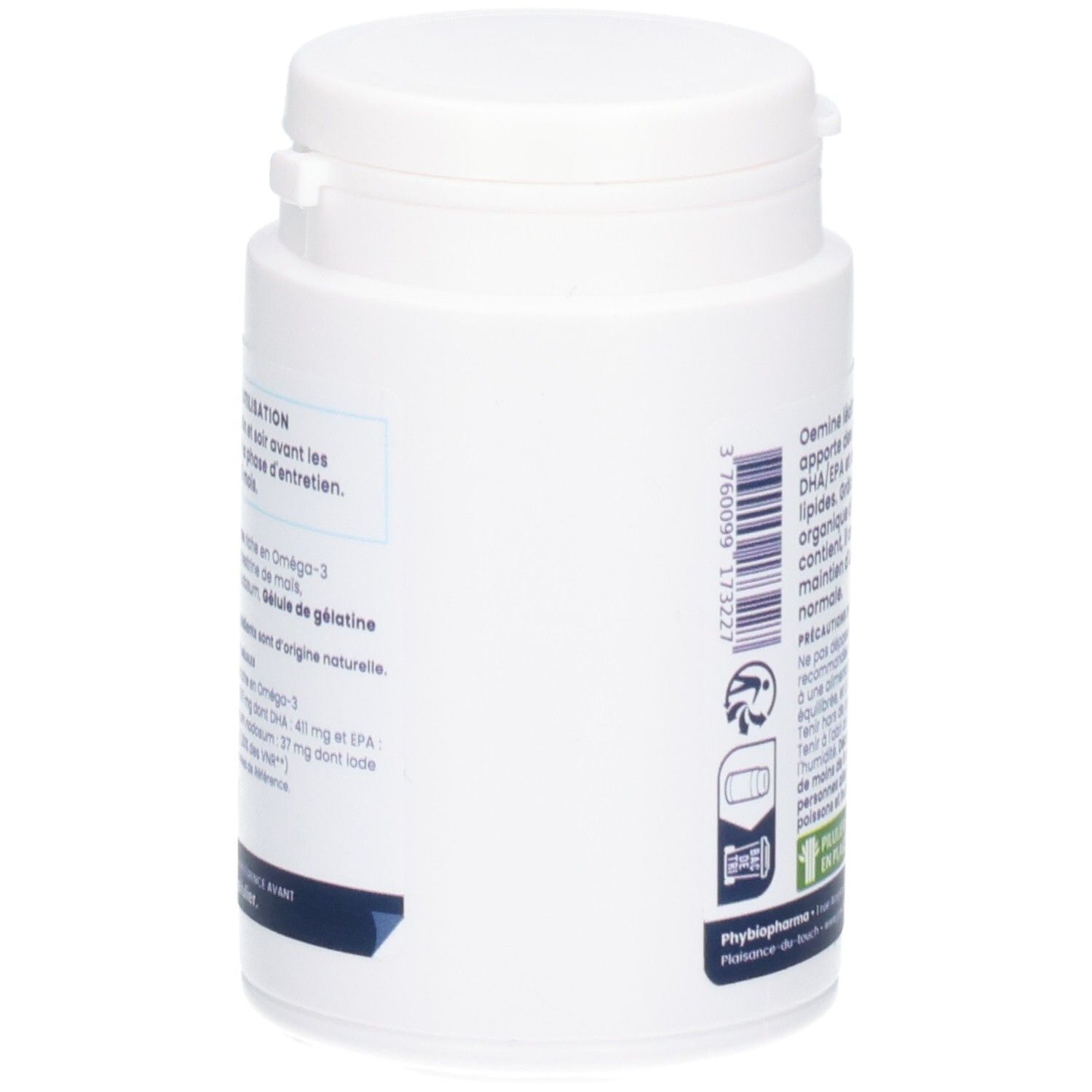 Côté d'un pot de gélules Oemine Lecithine Marine, avec informations produit.