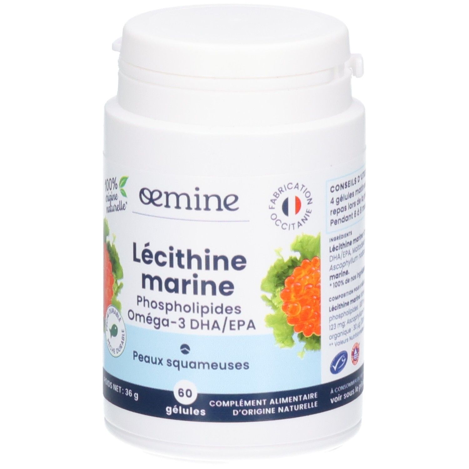 Avant d'un pot de gélules Oemine Lecithine Marine, 60 gélules, avec sceau.