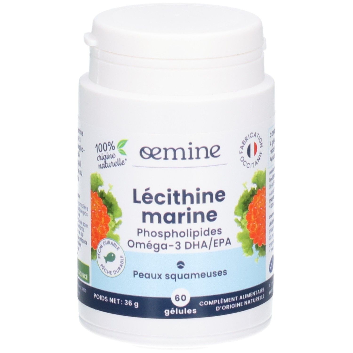 Avant d'un pot de gélules Oemine Lecithine Marine, 60 gélules, avec sceau.