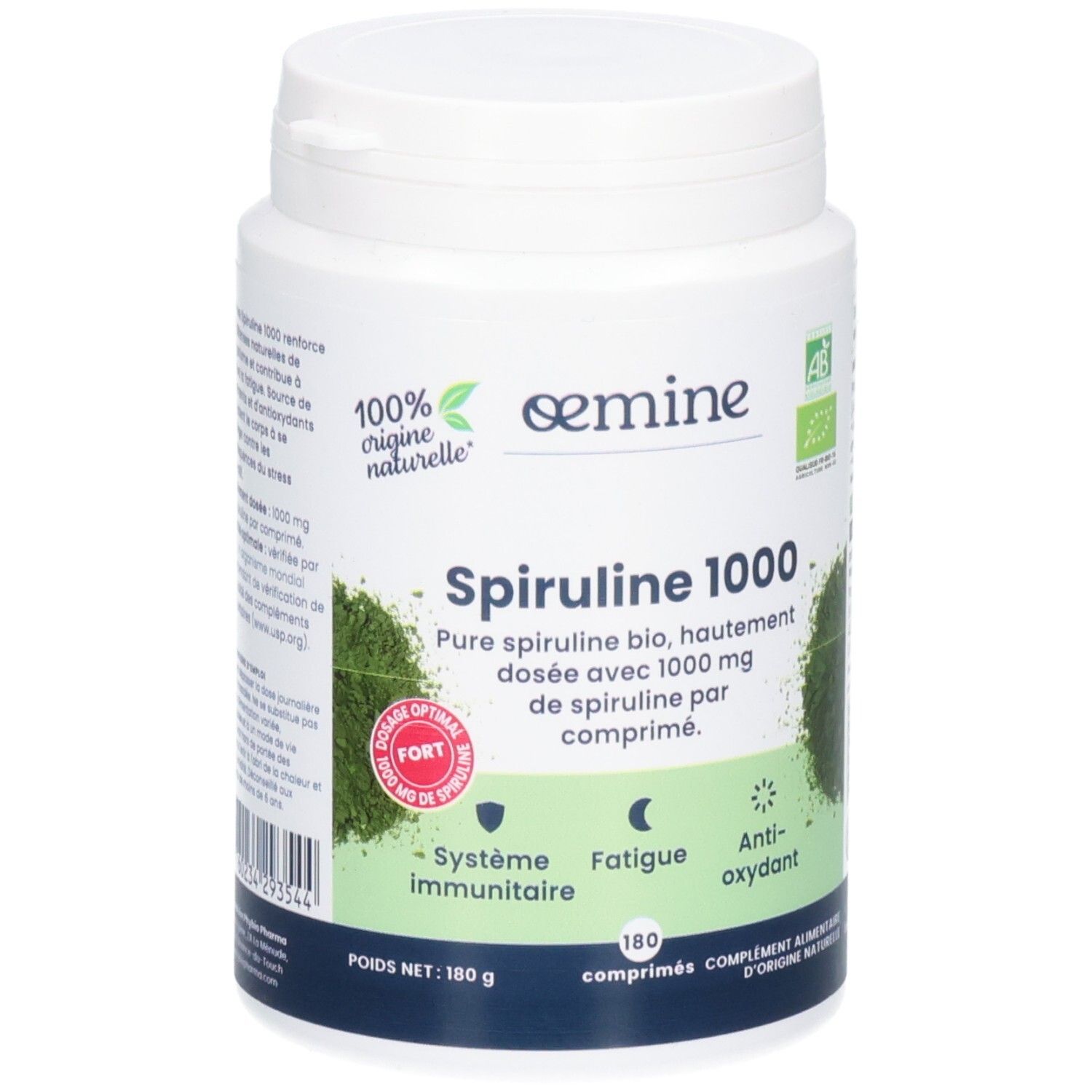 Pot blanc de Spiruline 1000, 180 comprimés. Certifié bio.