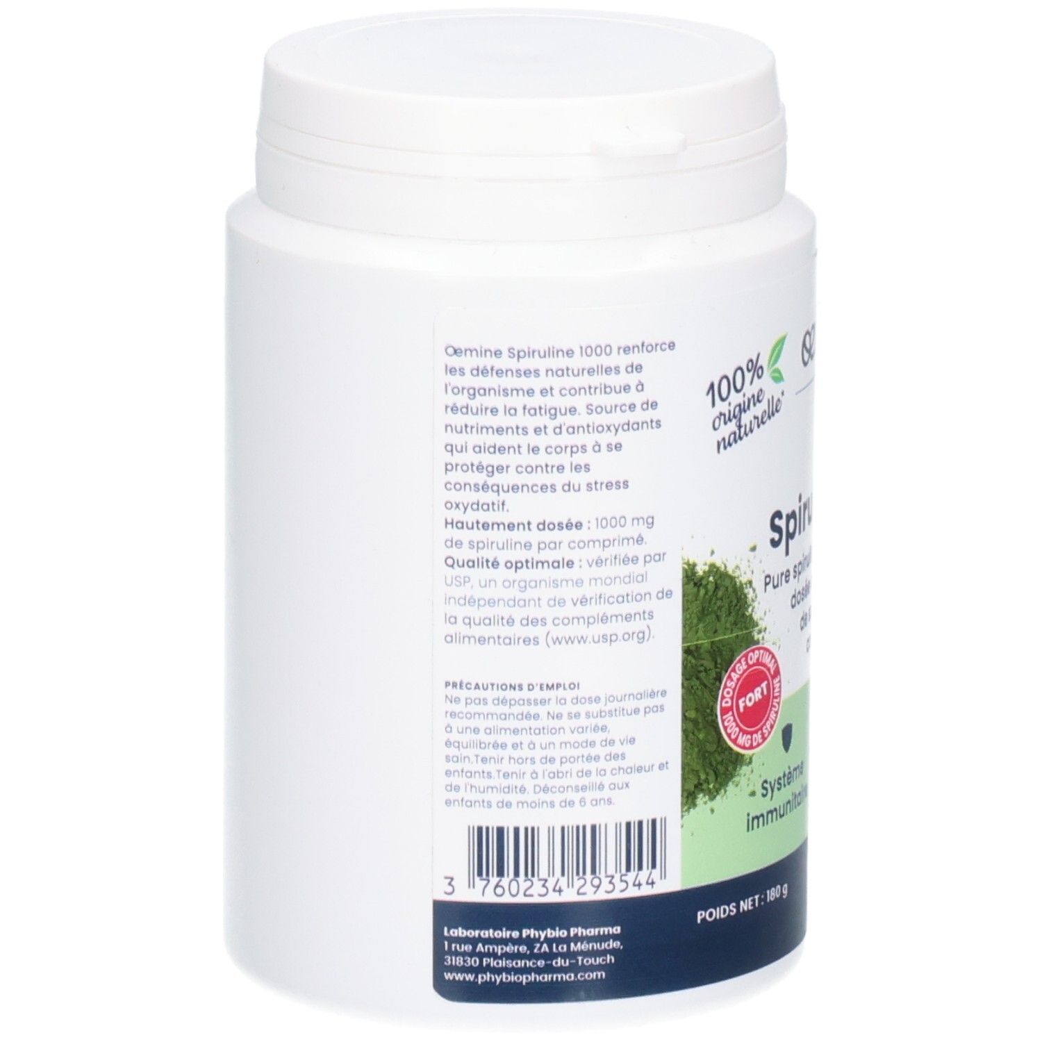 Arrière d'un pot de Spiruline 1000. Contient informations produit et label bio.