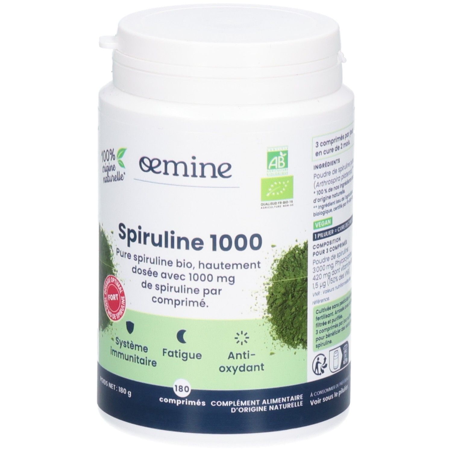 Pot blanc de Spiruline 1000, 180 comprimés. Bio et vegan.