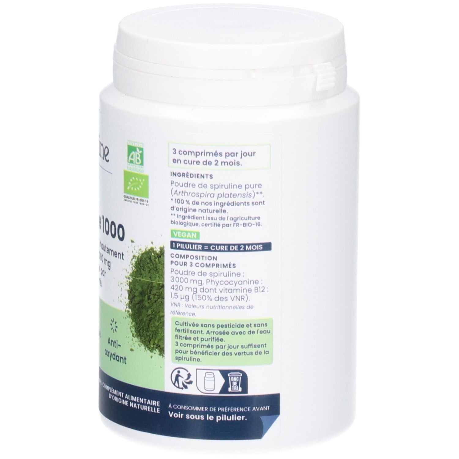 Arrière d'un pot de Spiruline 1000. Contient ingrédients et label bio.