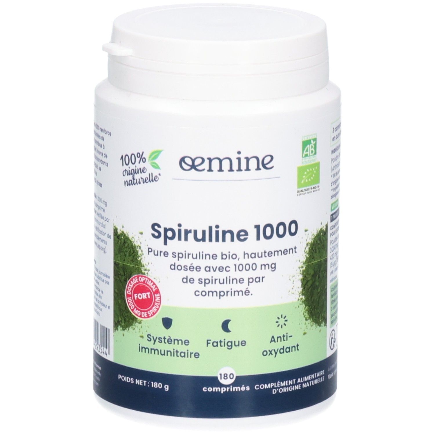 Pot blanc de Spiruline 1000, 180 comprimés. Bio et vegan.