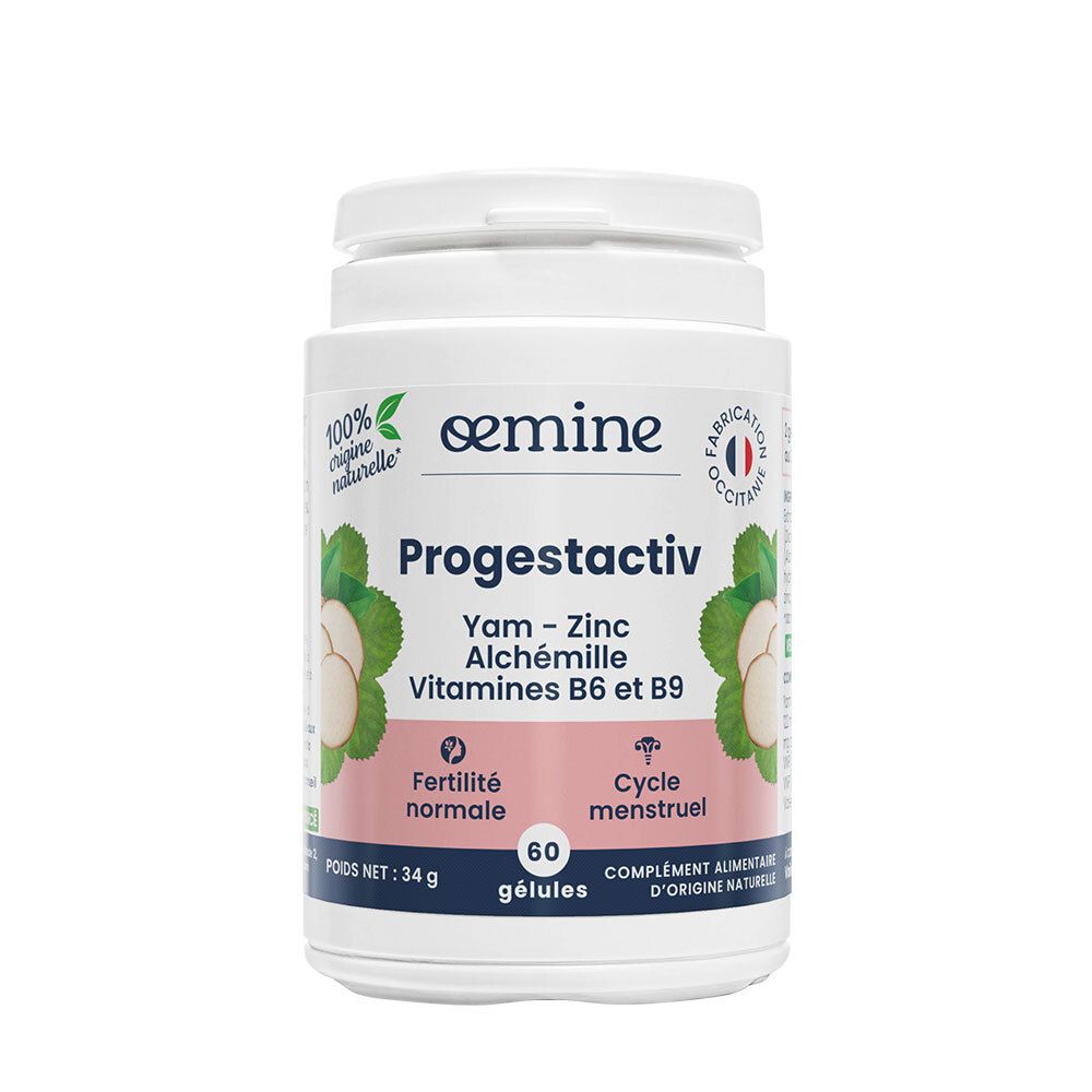 Boîte de 60 gélules Oemine Progestactiv à base de Yam, Zinc, Alchemille, Vitamines B6 et B9.