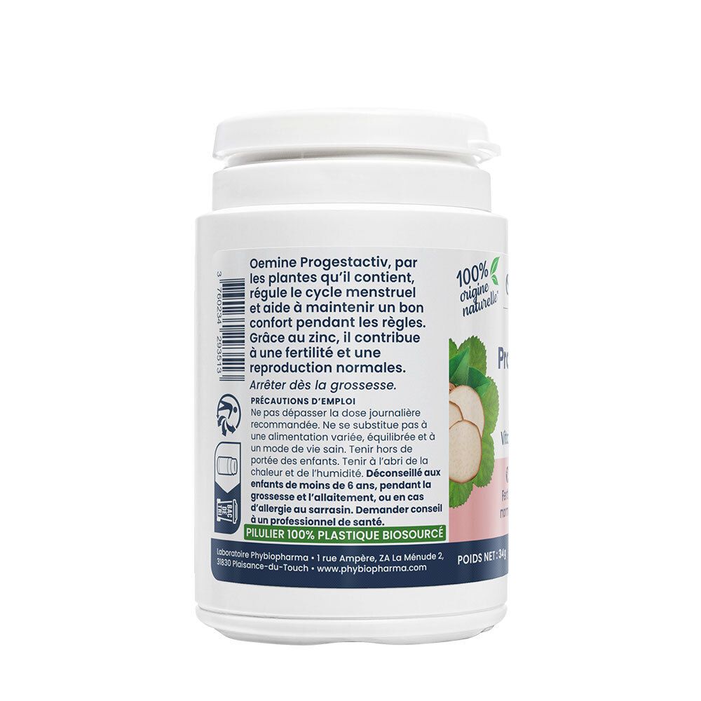 Arrière de la boîte Oemine Progestactiv avec ingrédients et précautions d'emploi. 100% origine naturelle.