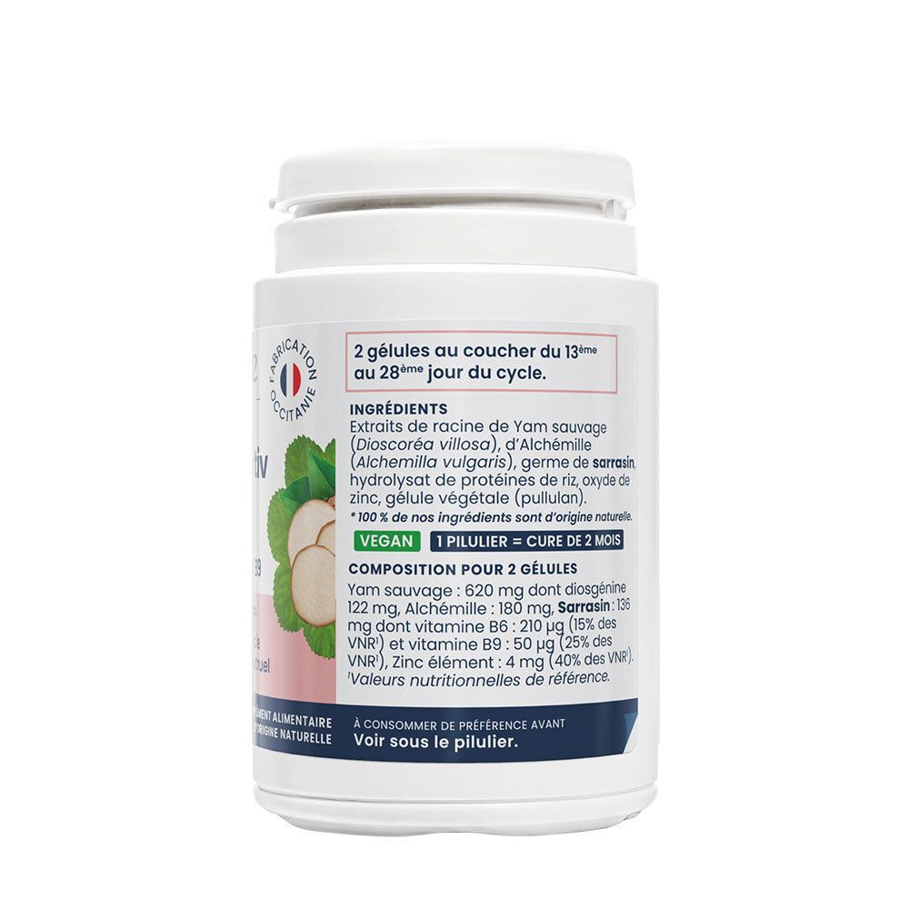 Vue latérale de la boîte Oemine Progestactiv avec composition détaillée et mention vegan.