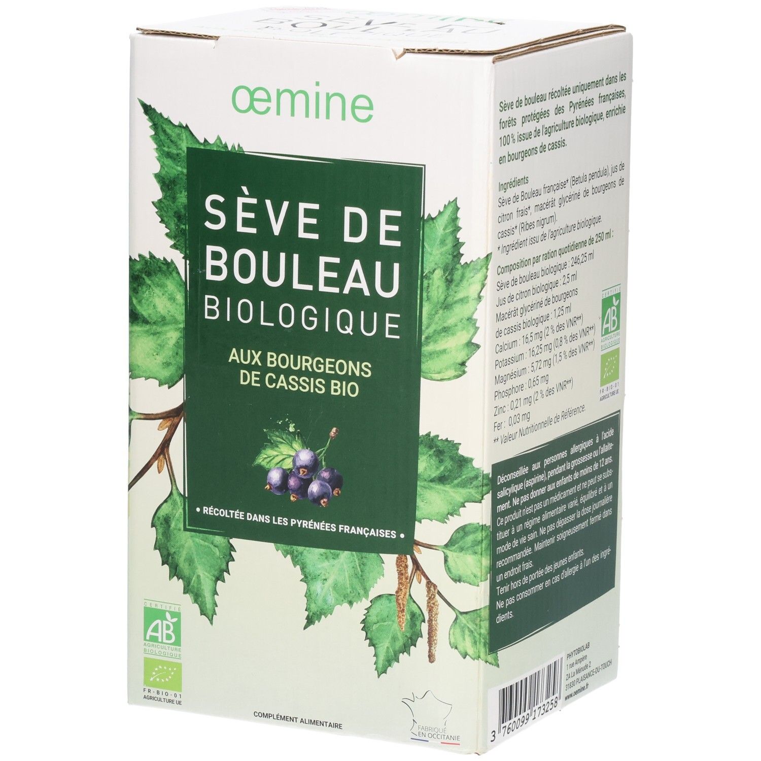 Emballage avec feuilles de bouleau et de cassis, mention "Sève de Bouleau Biologique".