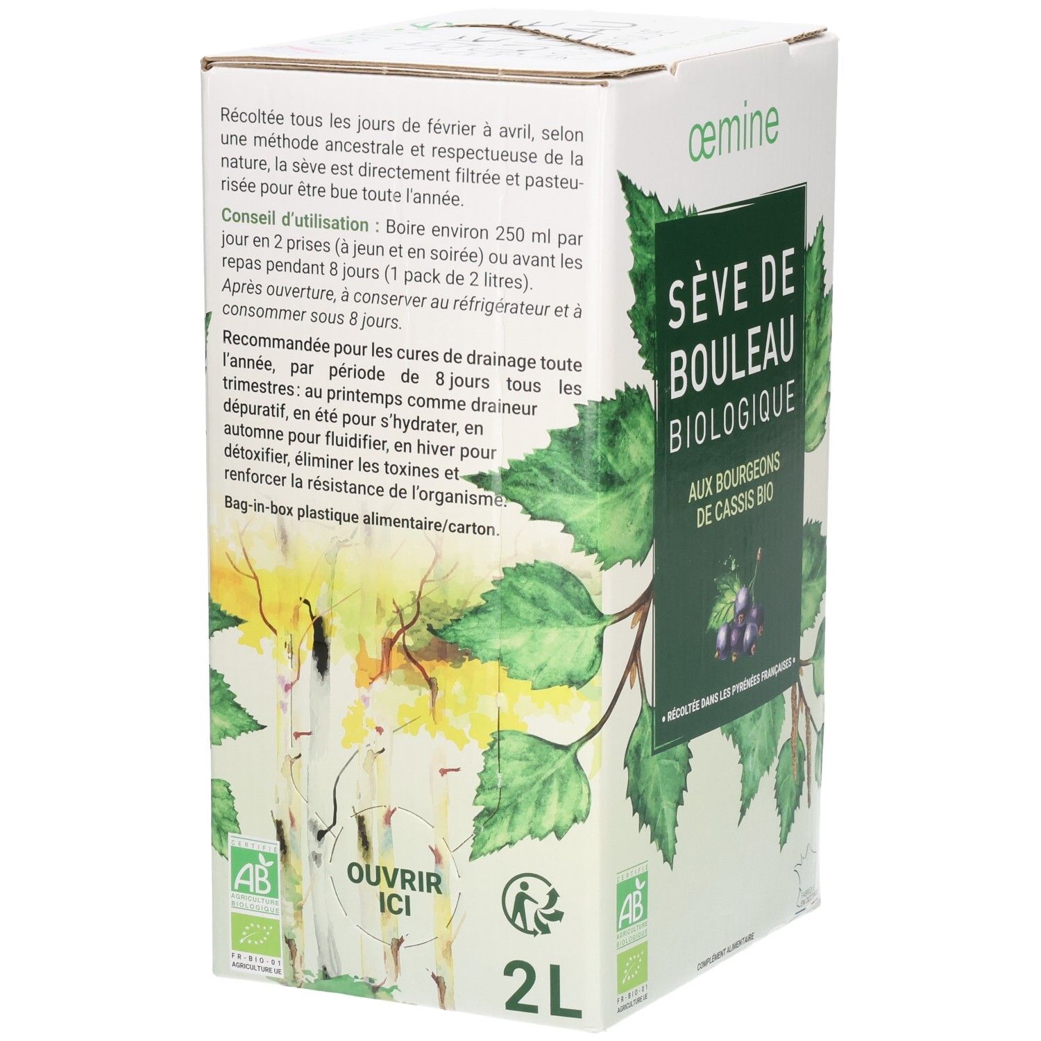 Emballage avec feuilles de bouleau et de cassis, mention "2L" et "Ouvrir Ici".